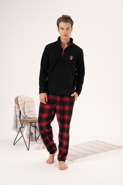 Estiva Checkered Collar and Zippered Men's Fleece Pajama Set - Winter