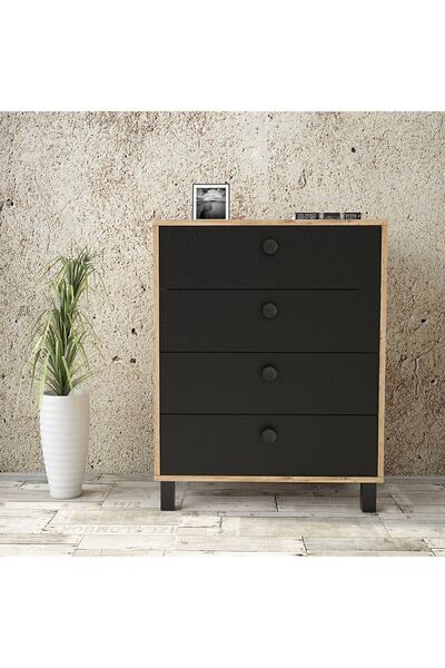 Yurudesign Vilamo Şifonyer Ahşap Ayak, 4Çekmece, Çam-Siyah Vl80-238