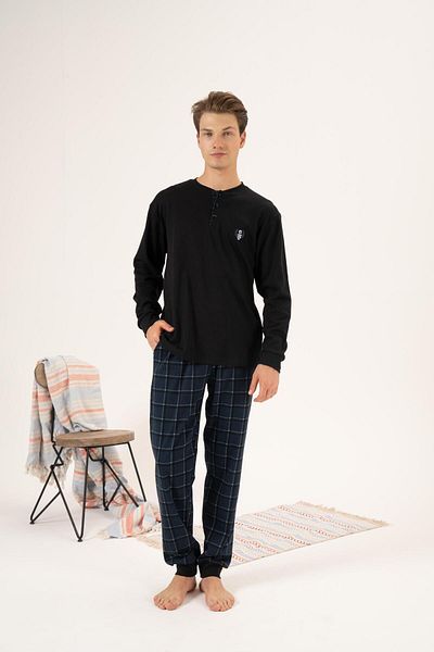 Estiva Men's Winter Black Interlock Pajamas Set - Buttoned Collar, Checkered Bottom