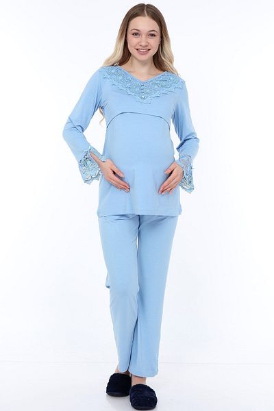 Luvmabelly Myra9511 - Set de pijama de maternitate cu clapă cu nasturi din dantelă - Albastru