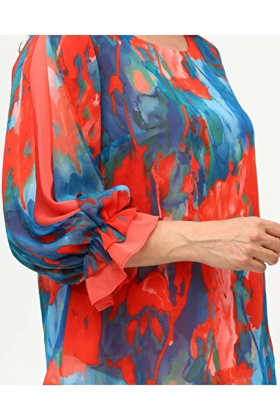TIAJOVEN Colorful Patterned Lined Chiffon Blouse Plus Size