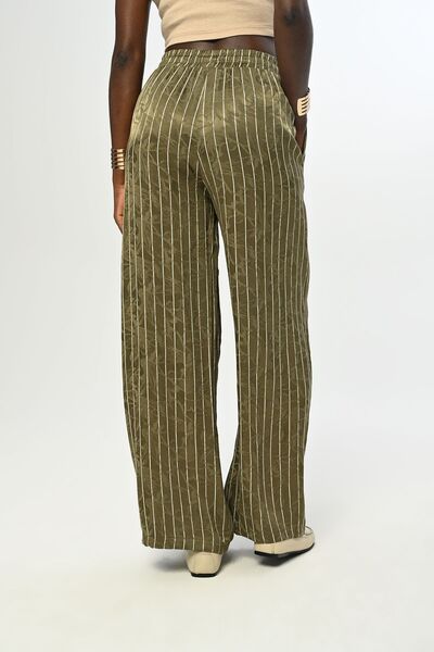 Orfeo Negro Khaki Colored Women's Trousers - Wide Leg, Striped Pattern and Elastic Waist