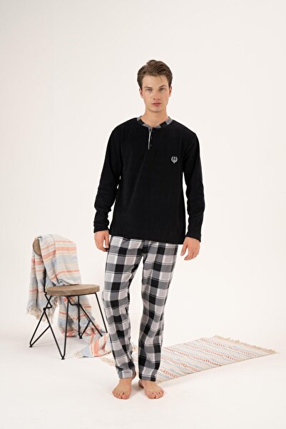 Estiva Erkek Kışlık Düğmeli Yaka Kareli Alt Polar Pijama Takımı
