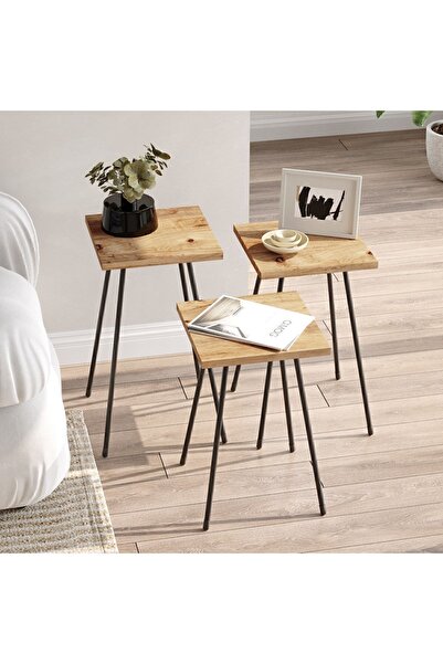 Yurudesign Luiz 3'lü Zigon Sehpa Metal Ayaklı Atlantik Çam Lz1-a