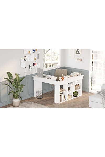 Yurudesign Tywin Kitaplık Raflı Çalışma Masası Beyaz