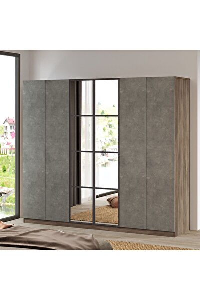 Yurudesign New Home 6 Kapaklı Çekmeceli Aynalı Gardırop Elbise Dolabı Beton-k...