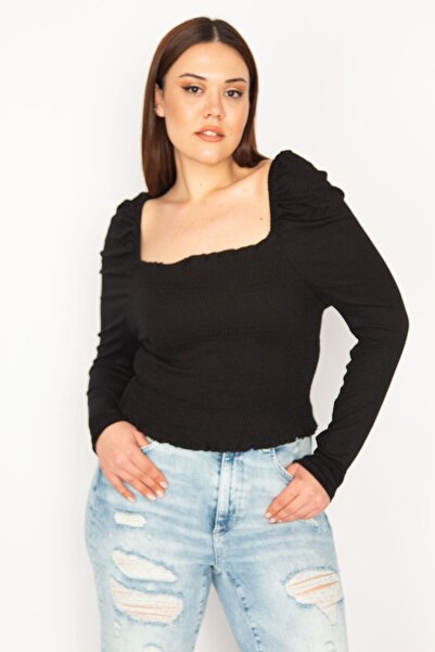Şans Kadın Büyük Beden Siyah Beden Kısmı Gipe Lastikli Karmen Yaka Uzun Kollu Crop Bluz 65n32962