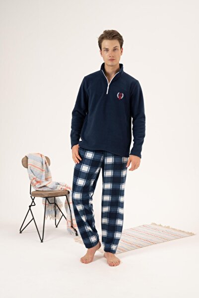Estiva Erkek Kışlık Fermuarlı Yaka Kareli Alt Polar Pijama Takımı