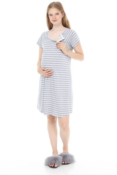 Luvmabelly Myra9580 Νυχτικό εγκυμοσύνης με κουμπωτά στο πλάι - Γκρι ριγέ