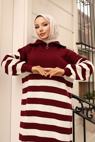 benguen 11042-15 Claret Red Ribbed ριγέ πλεκτό φόρεμα
