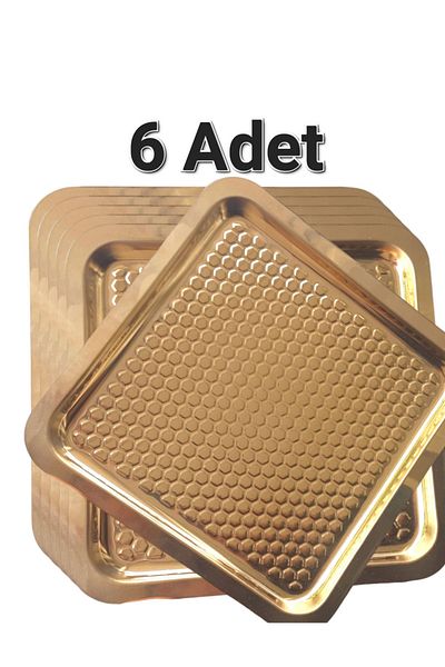 Abant 6 Pieces Gold Square Drop Patterned Coffee Serving Tray & Plate (21X21CM)