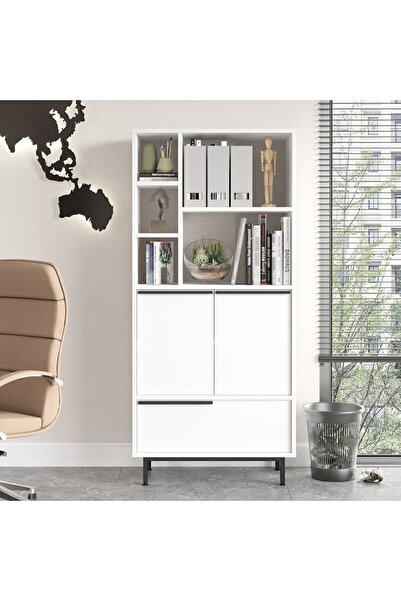 Yurudesign Ocean Ofis Klasör Dolabı Kitaplık 3 Kapaklı Metal Ayaklı Beyaz On9b-w