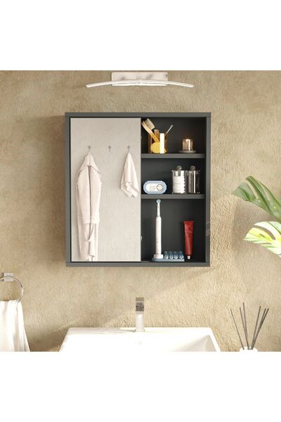 Yurudesign Nova Aynalı Lavabo Üstü Banyo Dolabı Raflı Kapaklı 60cm Antrasit NA1-AN
