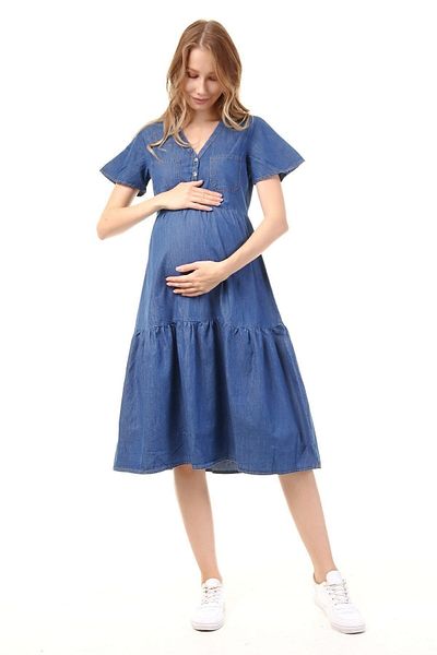 Luvmabelly Myra5025 - Rochie de Maternitate cu Nasturi si Buzunare din Denim - Albastru