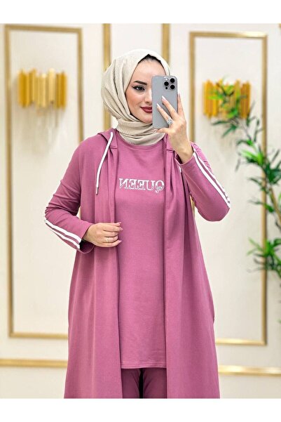 moda4b بدلة حجاب نسائية 3 قطع قماش خيطين n-05115 _ وردي غامق