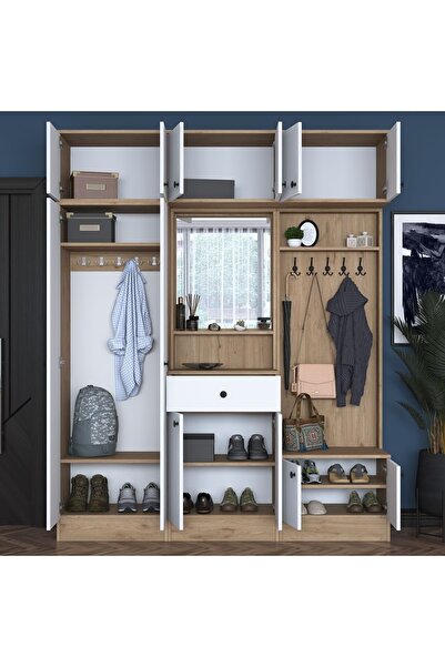 Rani Mobilya Rani Ea108 Portmanto Çekmeceli Aynalı Askılı Vestiyer Sepet Ceviz - Beyaz