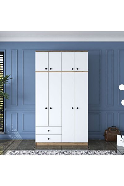 Rani Mobilya Rani Ba121 Geniş Gardırop Elbise Dolabı 8 Kapaklı 2 Çekmeceli 1 Raflı 2 Askılı Sepet Ceviz - Beyaz