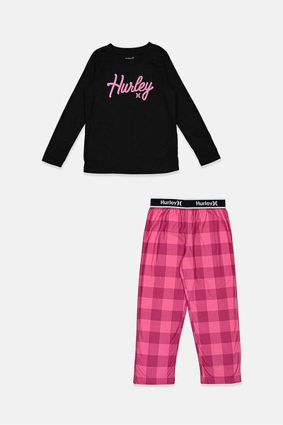 Hurley Kid Girls 2 Piece Top And Bottom Pyjamas Set, Black and Pink Combo
