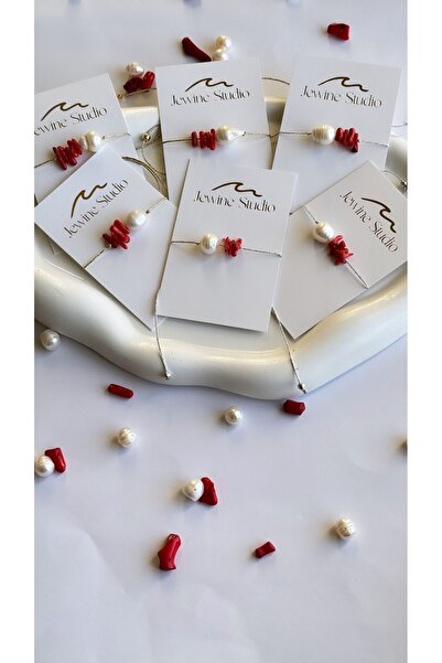 jewine studio Gerçek Tatlı Su Inci Ve Kök Mercan Iki Renk Simli Ip Tasarım Bi...