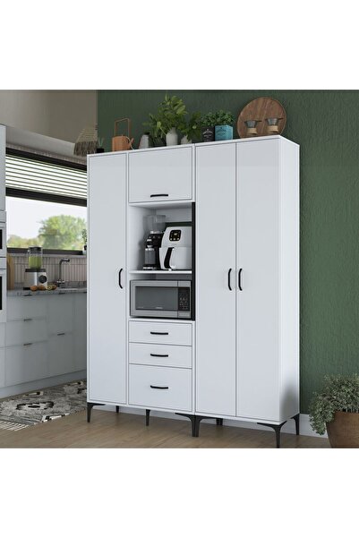 Rani Mobilya Rani JE131 Çok Amaçlı Dolap 4 Kapaklı 3 Çekmeceli Kiler Mutfak Dolabı Beyaz
