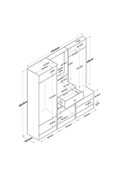 Rani Mobilya Rani P6 Modern Çekmeceli Aynalı Askılı Portmanto Ayakkabılık Vestiyer Beyaz M3