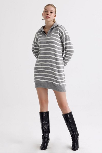 MD trend Zippered Collar Striped Oversize Knitwear Women's Dress Sweater