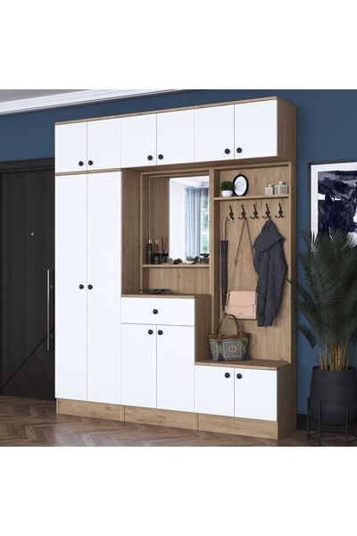 Rani Mobilya Rani Ea108 Portmanto Çekmeceli Aynalı Askılı Vestiyer Sepet Ceviz - Beyaz