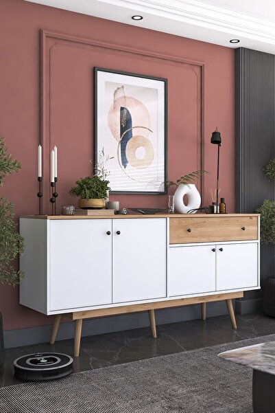 Rani Mobilya Rani Gd110 Modern Ayaklı Bölmeli Çekmeceli Kapaklı Konsol Beyaz - Sepet Ceviz