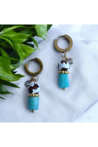 jewine studio Special Design Steel Earrings with Blue Zircon and Agate Stone and Amazonite Detail