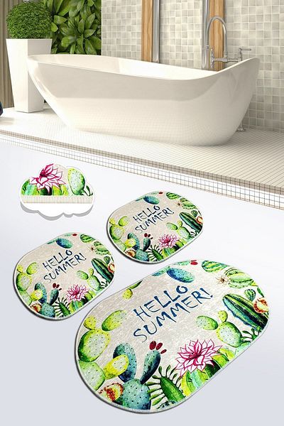 Chilai Home Hello Summer Σετ Μπάνιου 3 τεμαχίων - Χαλάκι Πατάκι Πλενόμενο Αντιολισθητική Βάση Djtbanyo