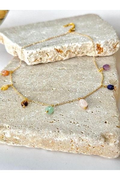 jewine studio Seven Chakra Natural Stone Steel Necklace