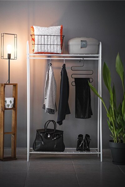 TOPRAK E-TİCARET Elit 2 Metal Portmanto Ayaklı Elbise Askısı 2 Raflı Dekorati...