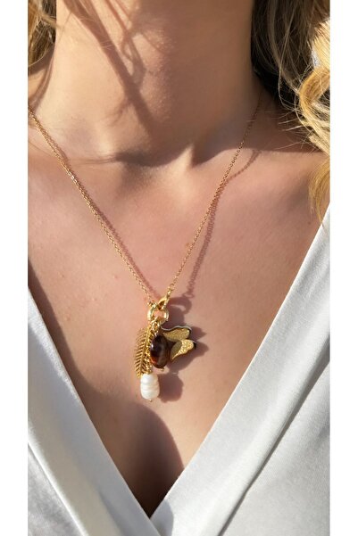 jewine studio Çelik İnci ve Kaplangözü Doğal Taş Kelebek Charm Tasarım Kolye