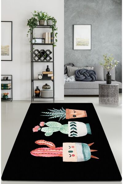 Chilai Home Happy Cactus Siyah Kaymaz Taban , Yıkanabilir Halı Djth