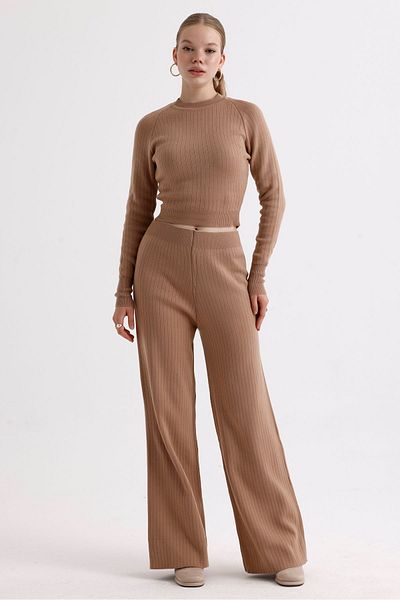 MD trend Women's Crop Sweater and Trousers Double Crew Neck Knitwear Set