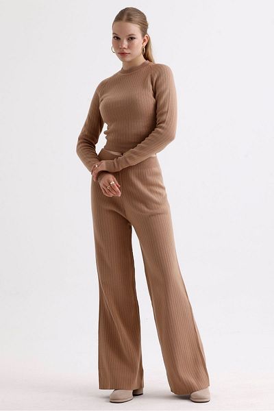 MD trend Women's Crop Sweater and Trousers Double Crew Neck Knitwear Set