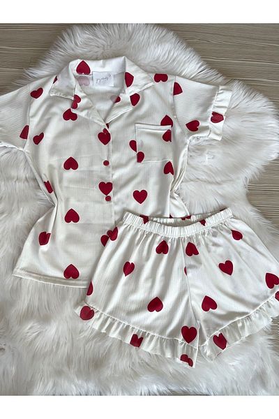 Pijamacs Heart Patterned Pajama Set with Red Shorts - RuFFle Sleeve and Leg Detail