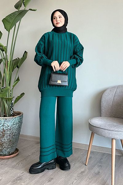 InStyle Set de tricotaje verticale verde petrol - cu pantaloni