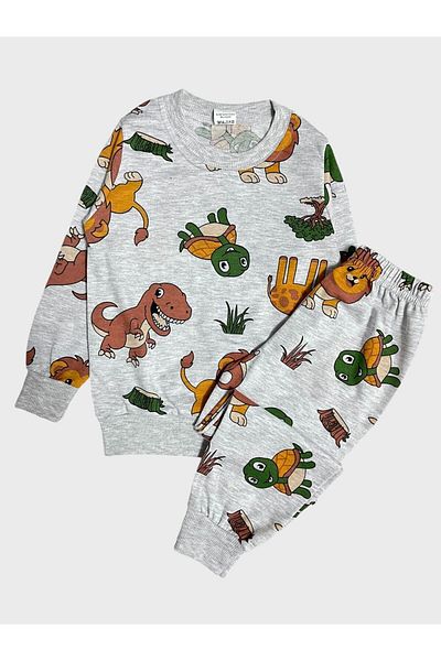 Fil Kids Boy's Gray Dinosaur Lion Patterned Long Sleeve Seasonal Pajamas Set