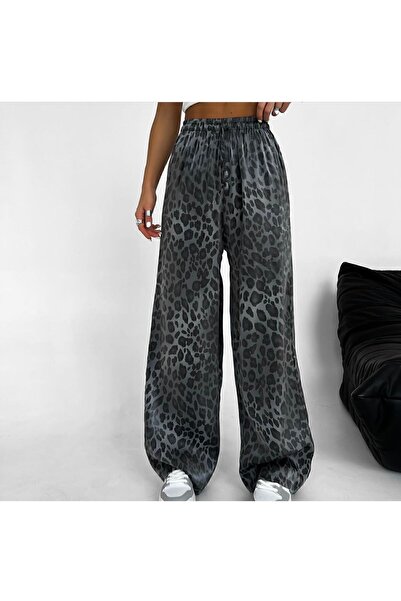 Modark Saten Leopar Desenli Bol Paça Palazzo Pantolon
