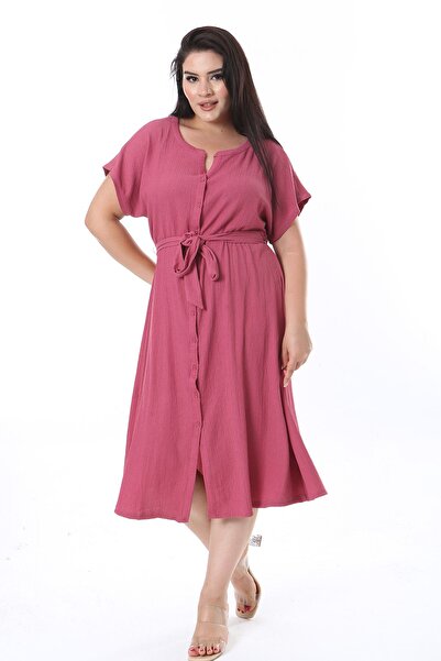 Şans Dried Rose V-Neck Large Size Dress - Buttoned, Wrapped Fabric 65N38316