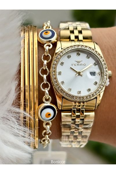 FERRO Steel Cord Gold Color, Waterproof, Guaranteed, Rhinestoned Women's Wristwatch + Bracelet