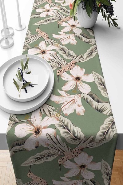 Pilloveland Mold Green Hibiscus Patterned Suede Runner - 140*40 cm