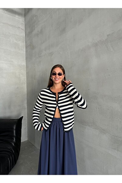 Laluvia Navy Blue-Cream Mia Knitted Side Striped Cardigan-4390