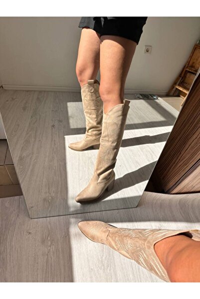 SHOEBOURNE Bej Süet Nakış Işlemeli Western Tarzı Uzun Çizme