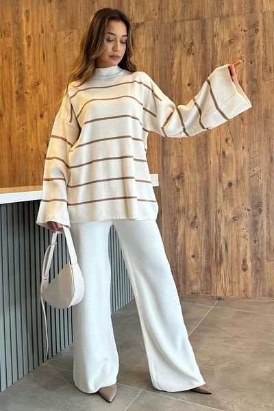 GÜLSELİ Cream Colored Knitwear Trousers and Sweater Set for Women