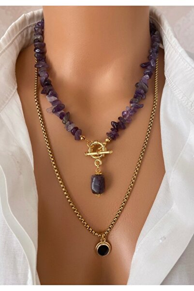 TARZ-I TAKI İKİ KOLYE Doğal Taş Mor Ametist Taşı Ve Gerçek Taş Uç Çelik Zinci...