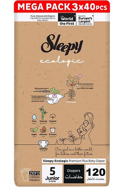 Sleepy Ecologic Size 5 | 120 Count | 3-6Kg Diapers | Hypoallergenic | Organic | 100% Leakproof