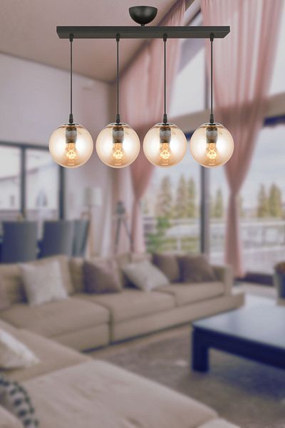 SONSUZ AYDINLATMA&AVİZE Infinite Row Black 4-Piece Honey Globe Glass Pendant Lamp Luxury Chandelier
