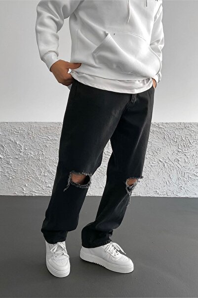 BDRMAN Baggy Siyah Taşlamalı Diz Yırtık Model Kot Pantolon